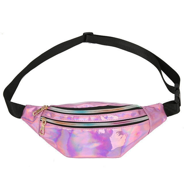 Women Punk Laser Glossy PU Double Zipper Chest Bag Casual Waist Bag Reluova