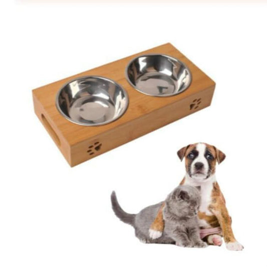 Cat Dog Pet Stainless Steel Feeding and Drinking Bowls Combination With Bamboo Frame - Reluova