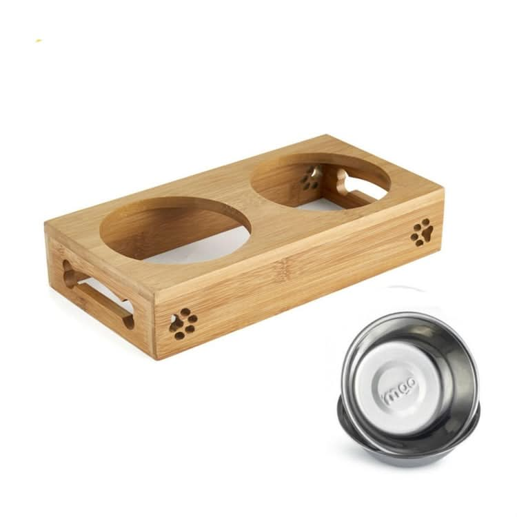 Cat Dog Pet Stainless Steel Feeding and Drinking Bowls Combination With Bamboo Frame - Reluova