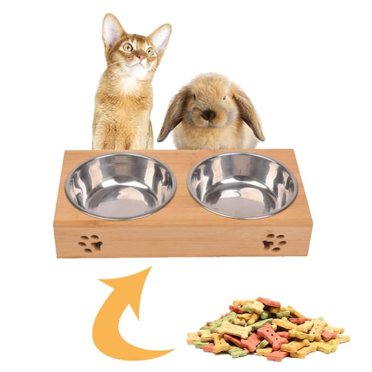 Cat Dog Pet Stainless Steel Feeding and Drinking Bowls Combination With Bamboo Frame - Reluova