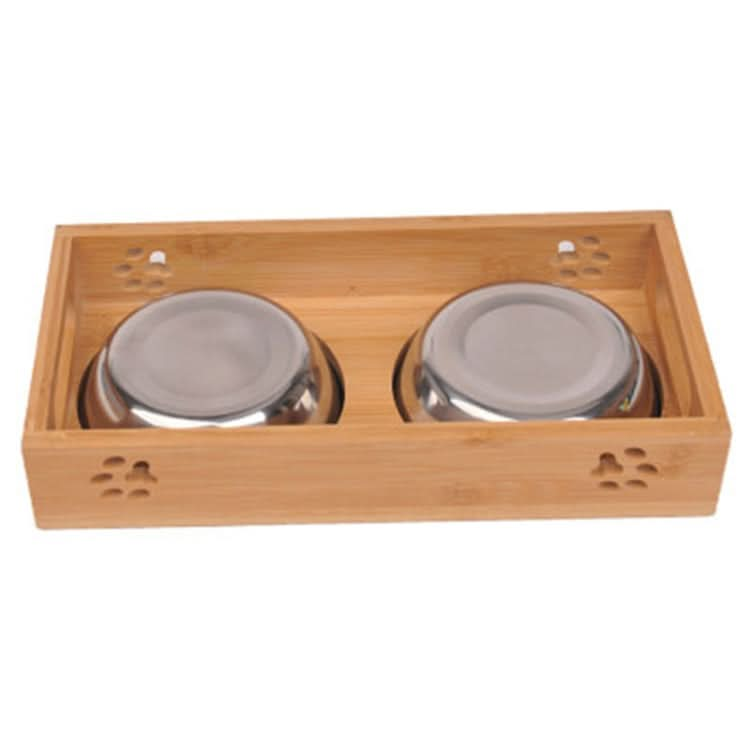 Cat Dog Pet Stainless Steel Feeding and Drinking Bowls Combination With Bamboo Frame - Reluova