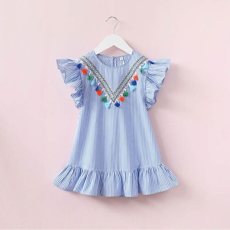 Girls Neckline Tassel Vertical Stripes Ruffled Dress Reluova