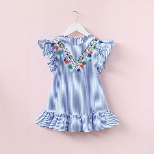 Girls Neckline Tassel Vertical Stripes Ruffled Dress Reluova