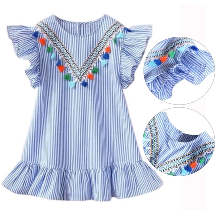 Girls Neckline Tassel Vertical Stripes Ruffled Dress Reluova