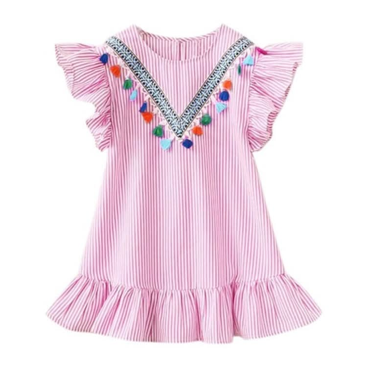 Girls Neckline Tassel Vertical Stripes Ruffled Dress Reluova