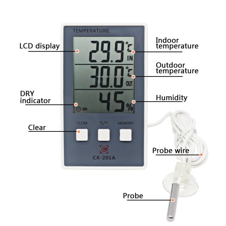 CX-201A LCD Digital Weather Station Thermometer Hygrometer Indoor  Outdoor Temperature Humidity Meter with Temperature Sensor Reluova