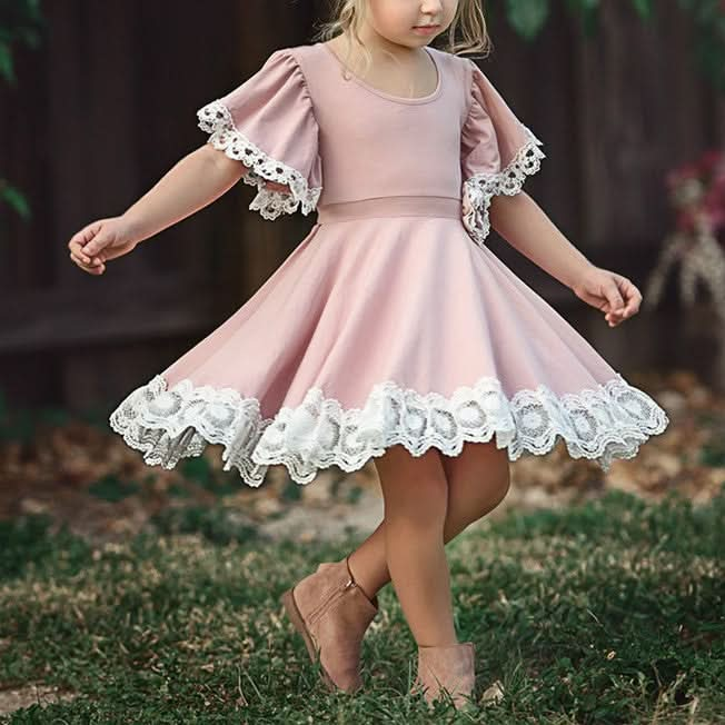 Girls Lace Princess Dress Trumpet Sleeve Three-dimensional Flower Dress Reluova