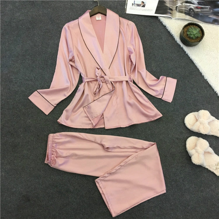 Bathrobe Pajamas Imitation Silk Pajamas Lapel Casual Silk Home Wear