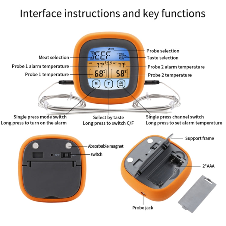 TS-6601-2 Kitchen Baking Touch Digital Double-Needle Color Screen Food Thermometer Reluova