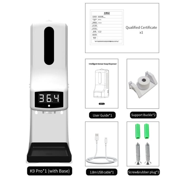 K9 Pro Handsfree Non-contact Body Light-sensitive Distance Sensor Thermometer + 1000ml Automatic Non-contact Liquid Soap Dispenser with Base Mount Reluova