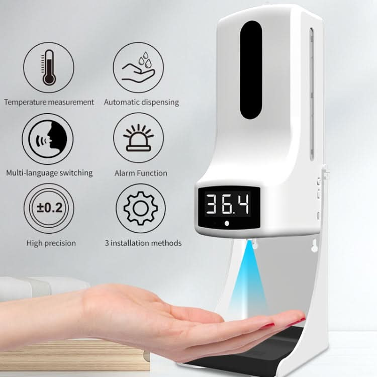 K9 Pro Handsfree Non-contact Body Light-sensitive Distance Sensor Thermometer + 1000ml Automatic Non-contact Liquid Soap Dispenser with Base Mount Reluova