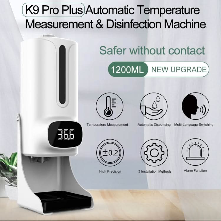 K9 Pro Plus Handsfree Non-contact Body Thermometer + 1000ml Automatic Non-contact Liquid Soap Dispenser with Base Mount, 15 Languages Voice Broadcast