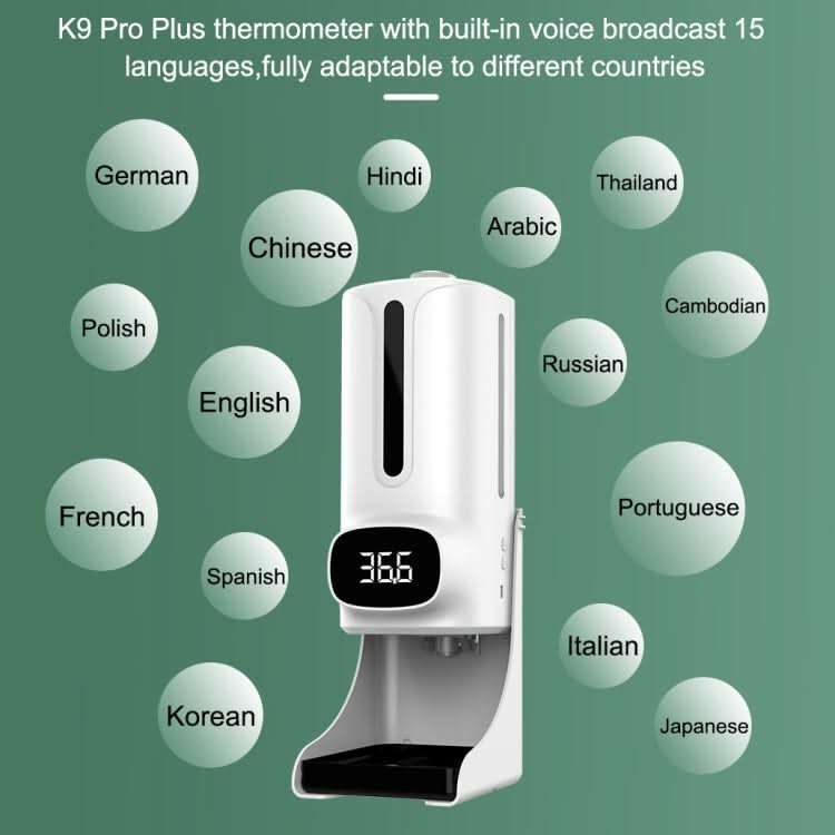 K9 Pro Plus Handsfree Non-contact Body Thermometer + 1000ml Automatic Non-contact Liquid Soap Dispenser with Base Mount, 15 Languages Voice Broadcast Reluova