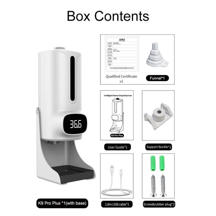 K9 Pro Plus Handsfree Non-contact Body Thermometer + 1000ml Automatic Non-contact Liquid Soap Dispenser with Base Mount, 15 Languages Voice Broadcast Reluova