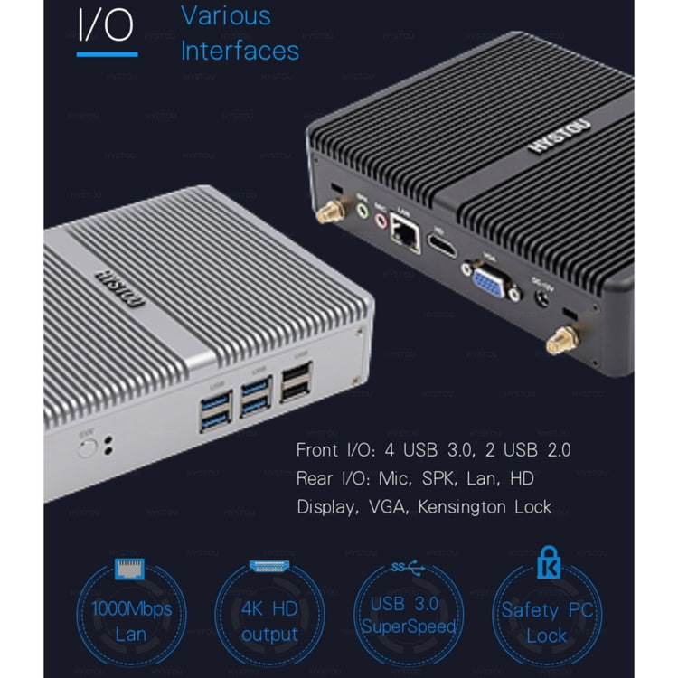 HYSTOU H2 Windows / Linux System Mini PC, Intel Core I3-7167U Dual Core Four Threads up to 2.80GHz, Support mSATA 3.0, 8GB RAM DDR4 + 256GB SSD 500GB HDD