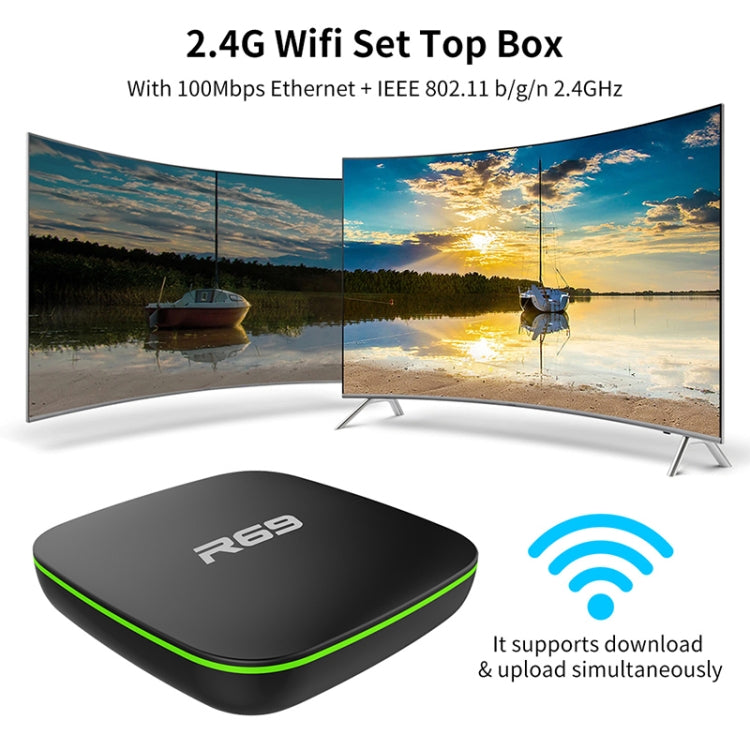 R69 1080P HD Smart TV BOX Android 4.4 Media Player with Remote Control, Quad Core Allwinner H3, RAM: 1GB, ROM: 8GB, 2.4G WiFi, LAN, EU Plug