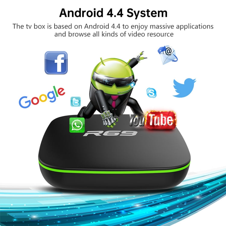 R69 1080P HD Smart TV BOX Android 4.4 Media Player with Remote Control, Quad Core Allwinner H3, RAM: 1GB, ROM: 8GB, 2.4G WiFi, LAN, EU Plug