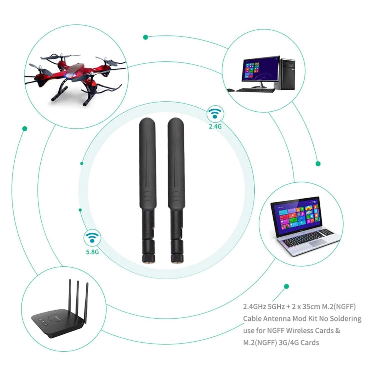 2 x 6dBi 2.4GHz 5GHz Dual Band WiFi RP-SMA Male Antenna + 2 x 35CM RP-SMA IPEX MHF4 Pigtail Cable for M.2 NGFF WiFi WLAN Card