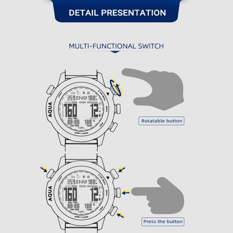 NORTH EDGE AQUA 100m Waterproof Scuba Diver Smart Watch, Support Luminous Display & Compass Mode