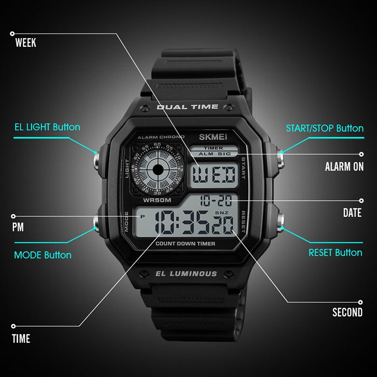 SKMEI 1299 Multifunctional Outdoor Sports Noctilucent Waterproof Digital Display Wrist Watch Reluova