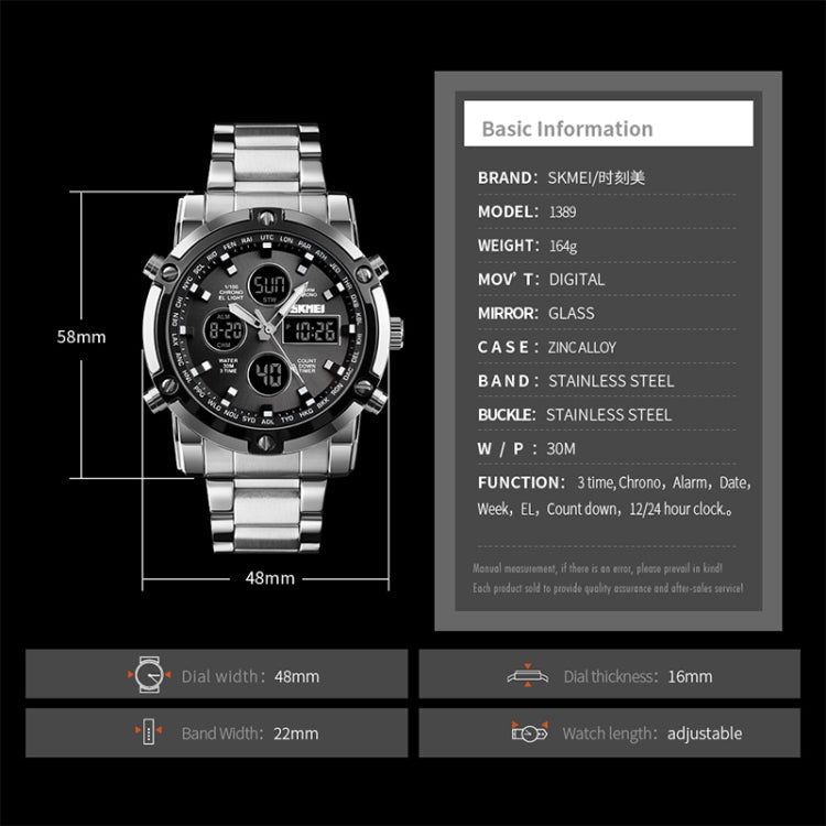 SKMEI 1389 Multifunctional Men Business Digital Watch 30m Waterproof Large Dial Wrist Watch with Stainless Steel Watchband