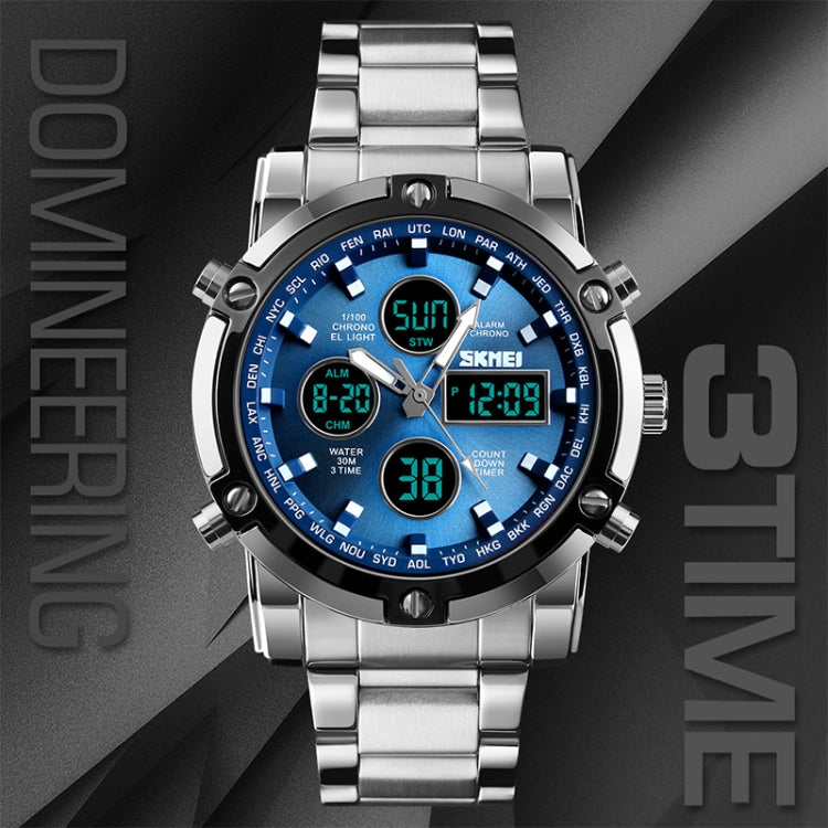 SKMEI 1389 Multifunctional Men Business Digital Watch 30m Waterproof Large Dial Wrist Watch with Stainless Steel Watchband Reluova