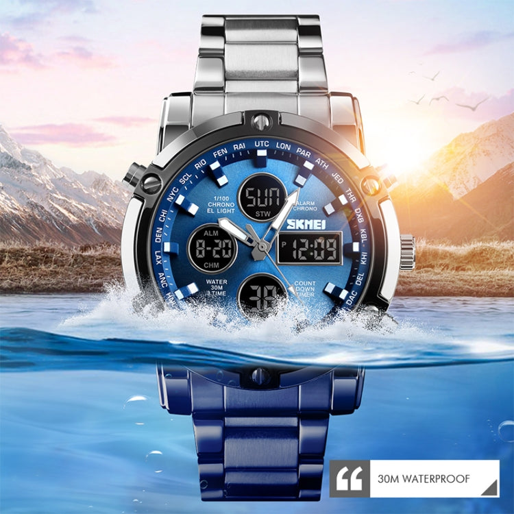 SKMEI 1389 Multifunctional Men Business Digital Watch 30m Waterproof Large Dial Wrist Watch with Stainless Steel Watchband Reluova