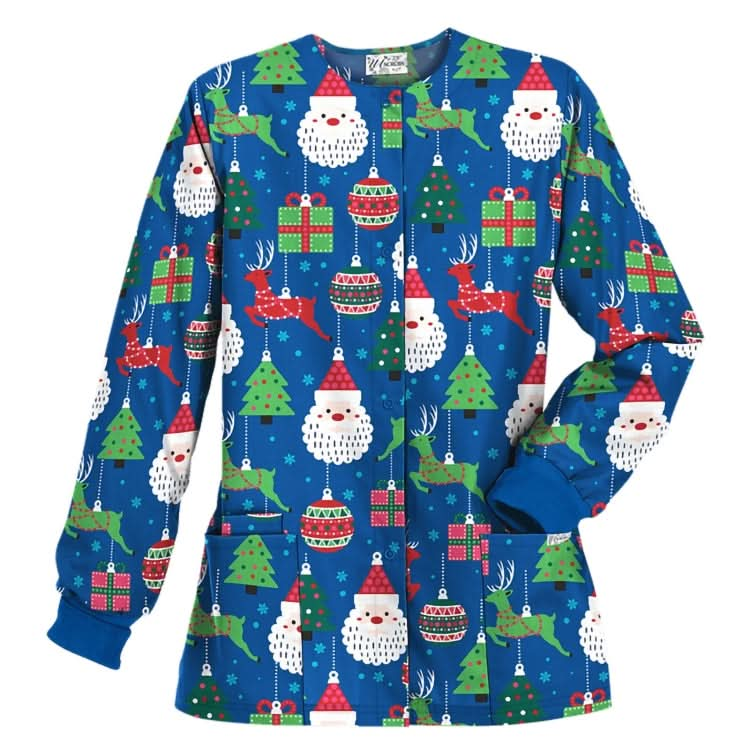 Christmas Long-sleeved Stand-up Collar Single-breasted Printed Protective Work Clothes (Color:Dark Blue Size:XXL)