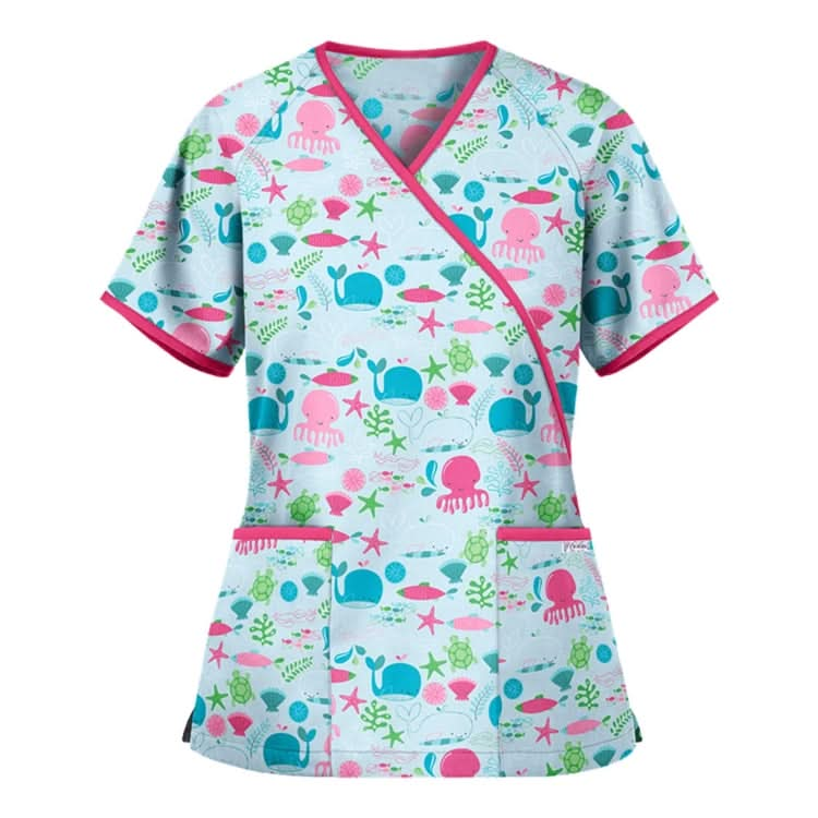 Printed V-neck Mid-length Nurse Uniform T-shirt (Color:Green Size:XXL) Reluova