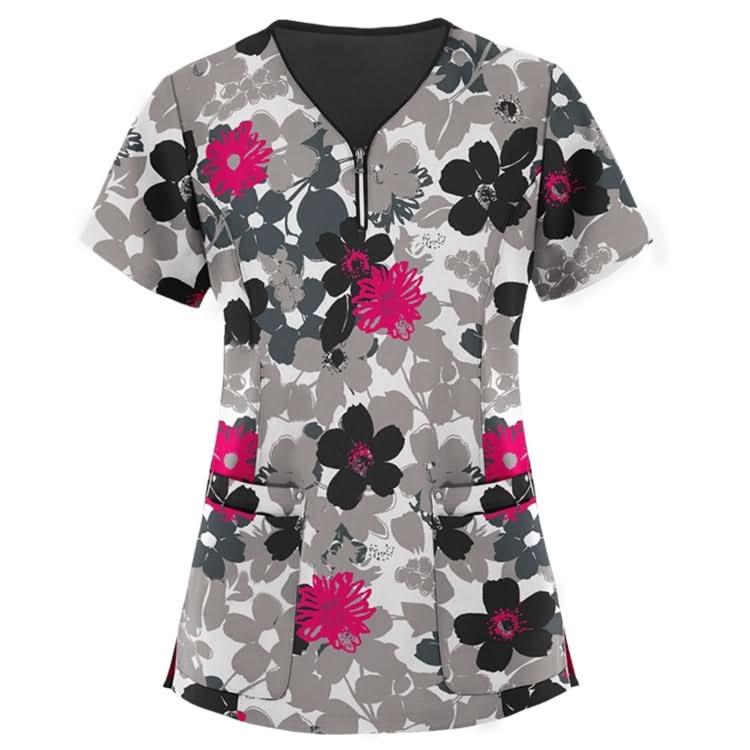 Mid-length Slim-fitting Printed Pullover Nurse Uniform V-neck T-shirt (Color:Pink Size:XXL)