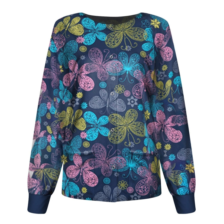 Round Neck Printed Nurse Clothes Long Sleeve Top (Color:Blue Size:XXXL)