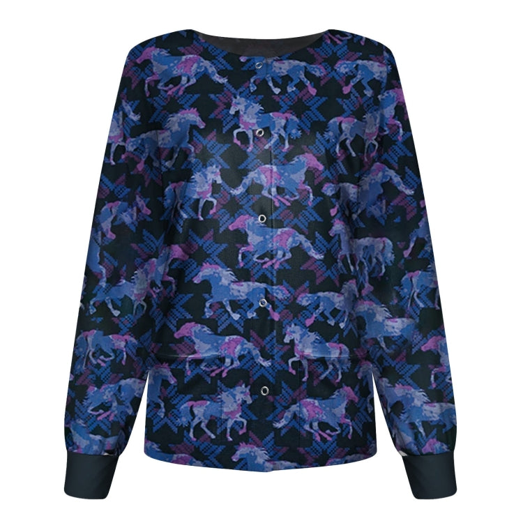 Round Neck Printed Nurse Clothes Long Sleeve Top (Color:Blue Size:XXXL)