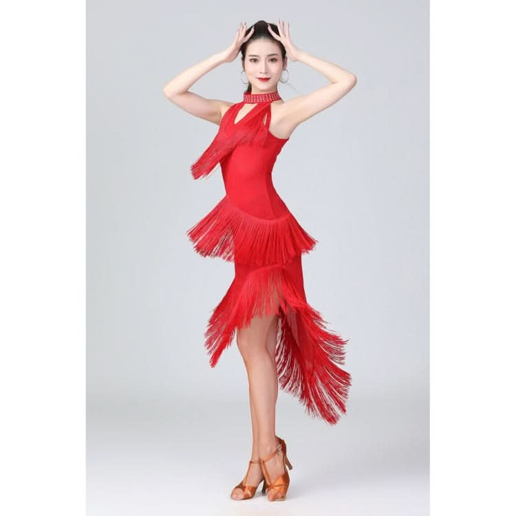 Halter Neck Irregular Tassel Latin Dance Dress Competition Performance Suit With Separate Bottoms Reluova