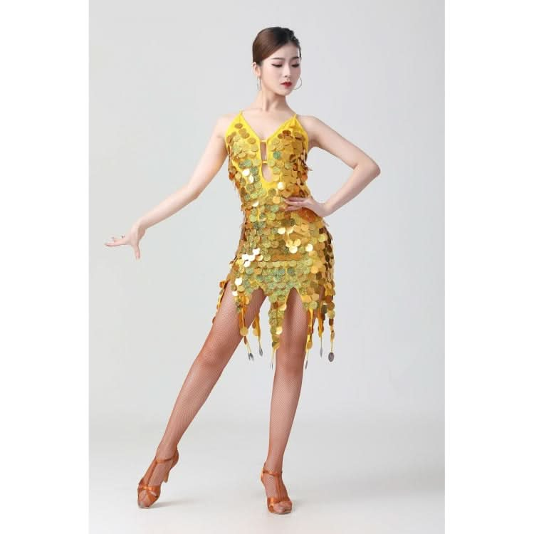 Sling Sequin Deep V Latin Dance Dress Competition Performance Costume