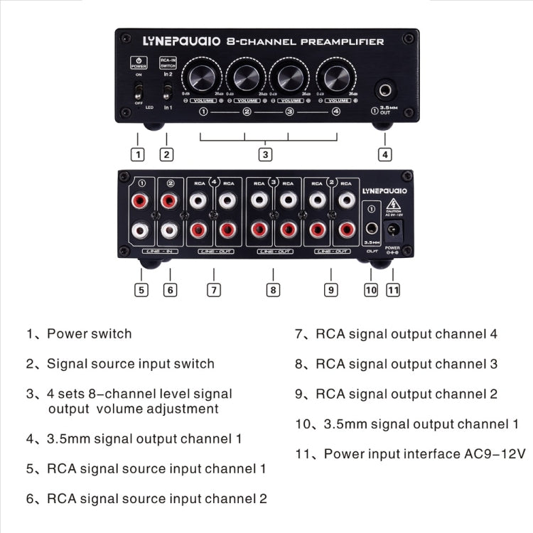 LINEPAUDIO B981 Pro 8-ch Pre-amplifier Speaker Distributor Switcher Speaker Comparator, Signal Booster with Volume Control & Earphone / Monitor Function