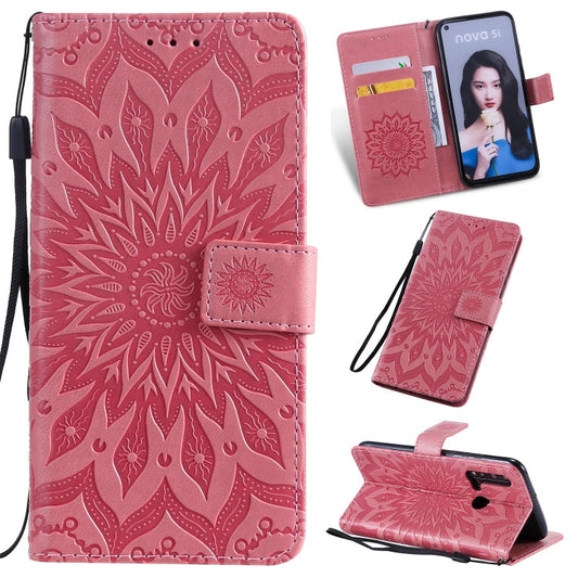 Pressed Printing Sunflower Pattern Horizontal Flip PU Leather Case for Huawei Nova 5i / P20 Lite (2019), with Holder & Card Slots & Wallet & Lanyard