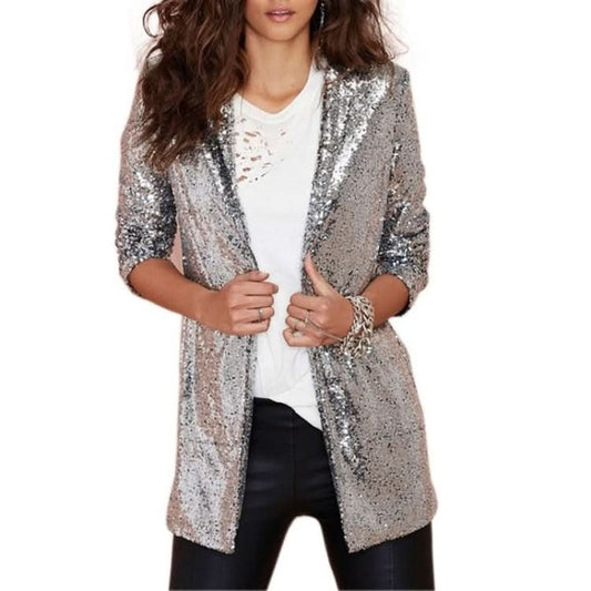 Women Sequined Suit Jacket Without Buckle Stage Clothing(Color:Black Size:XXL)