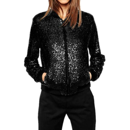 Women Wild Casual Sequin Jacket Short Coat (Color:Gold Size:XXL)