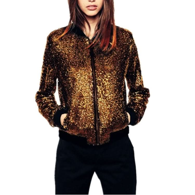 Women Wild Casual Sequin Jacket Short Coat (Color:Gold Size:XXL) Reluova