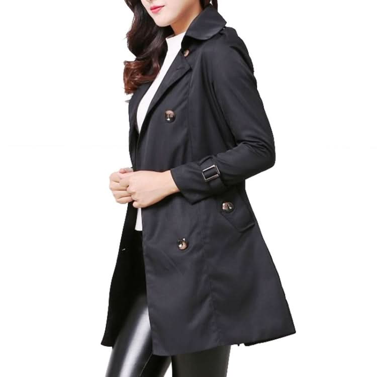 Mid-length Slim Casual Lace-up Trench Windbeaker (Color:Black Size:XL)