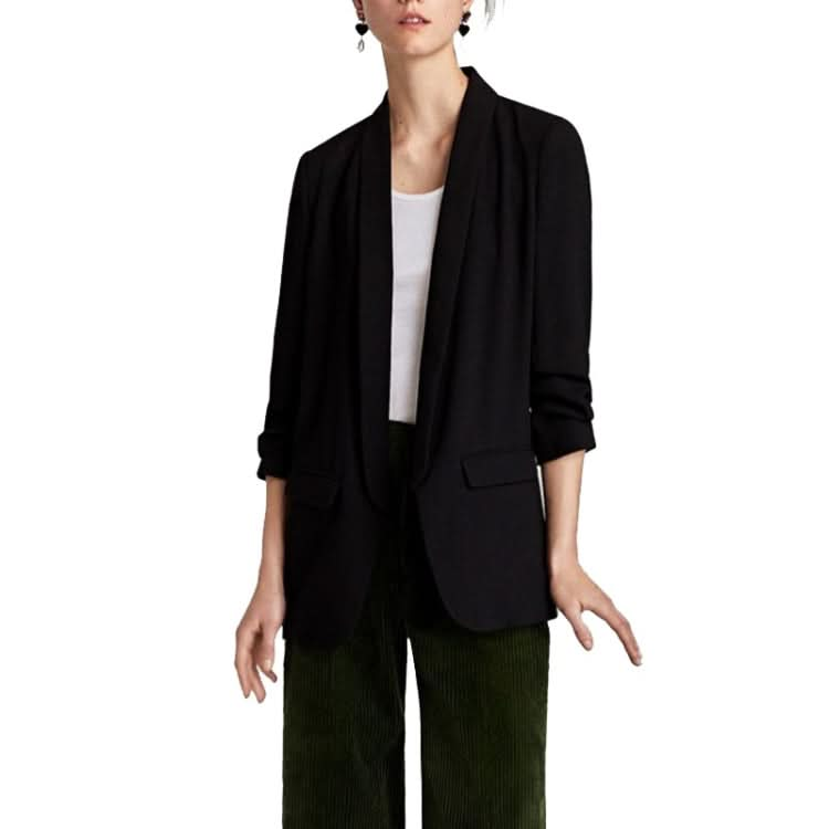 Women Solid Color Buckleless Slim Casual Suit (Color:Black Size:M) Reluova