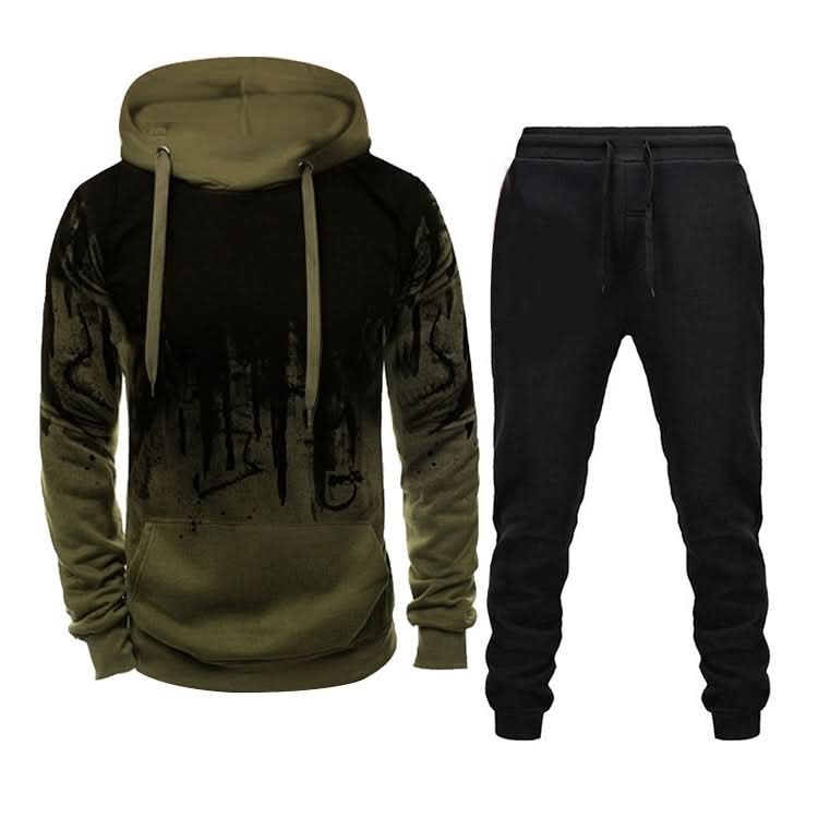 Men Loose Print Hoodie Sport Sweatshirt Set (Color:Army Green Size:XXXL) Reluova