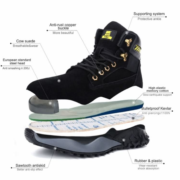 Jiefu Light And Breathable Steel Head Anti Smashing, Anti Piercing, Anti Slip And Waterproof Safety Shoes (Color:High Top Black Size:48) Reluova