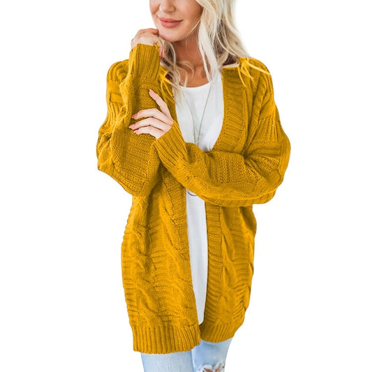 Mid-length Style Solid Color Thick Thread Twist Cardigan Knit Sweater Reluova