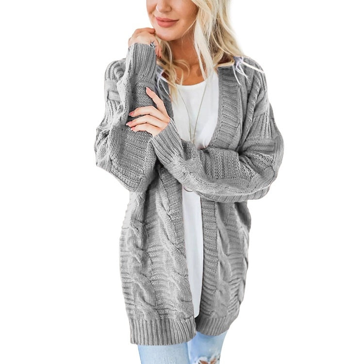 Mid-length Style Solid Color Thick Thread Twist Cardigan Knit Sweater Reluova