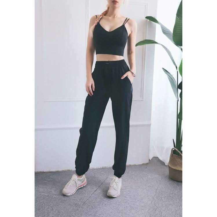 High Waist Drawstring Fitness Pants Loose Casual Sports Yoga Clothes (Color:Quicksand Powder Size:XL)