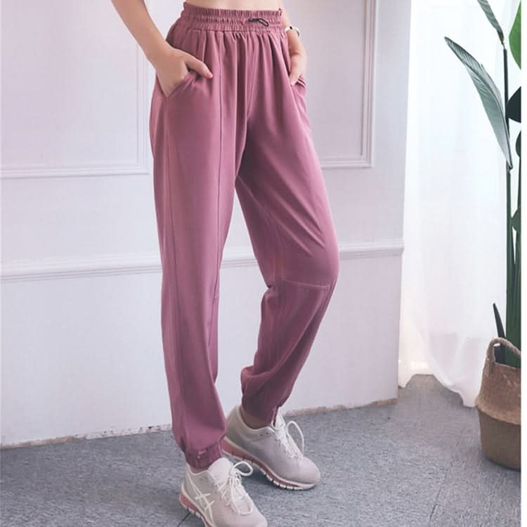 High Waist Drawstring Fitness Pants Loose Casual Sports Yoga Clothes (Color:Quicksand Powder Size:XL)