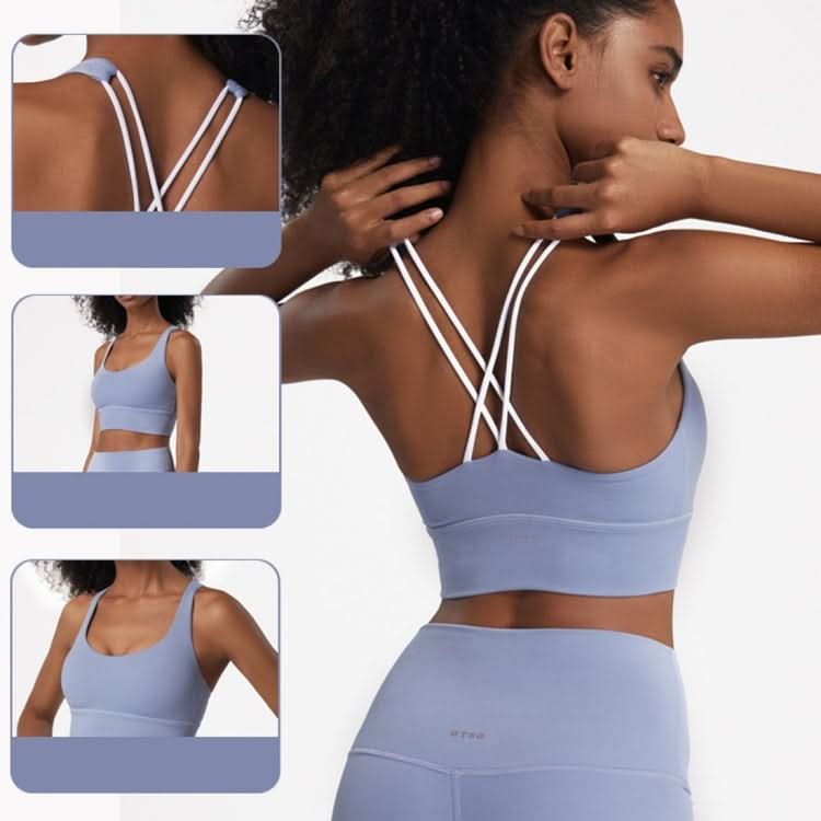 Skin Friendly Nude Sports Bra Cross Back Shockproof Fitness Vest (Color:Gray Blue Size:XL)