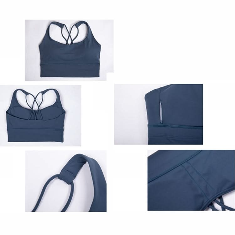 Skin Friendly Nude Sports Bra Cross Back Shockproof Fitness Vest (Color:Gray Blue Size:XL)