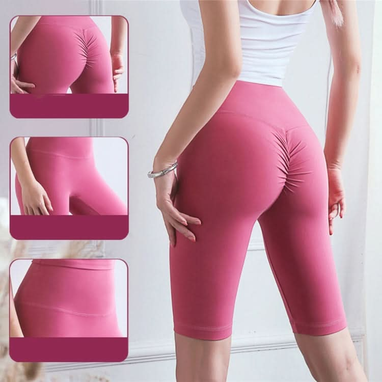 Double Sided Brocade Skin Nude Fitness Pants High Waist Five Point Tight Yoga Pants (Color:Lush Size:L)